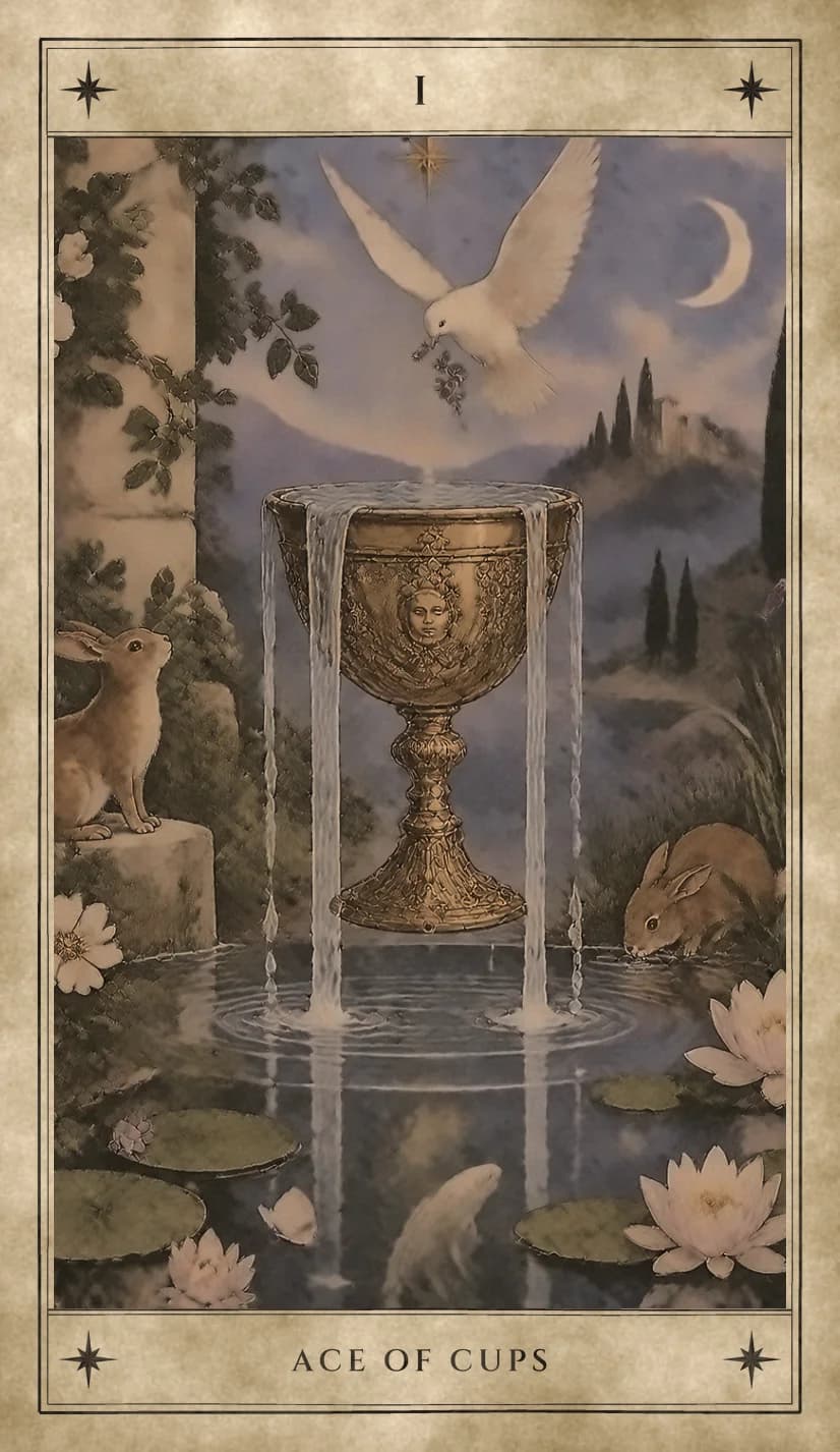 A golden chalice with a calm face worked into its bowl floats above a lily pond, overflowing in four streams, while a white dove carries a green sprig down toward it, one rabbit watches from a stone and another drinks, and a hill town sits under a crescent moon.