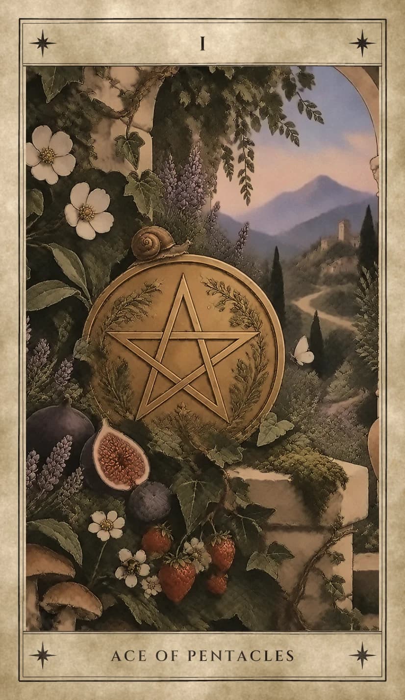 A large gold pentacle engraved with sprays of leaves rests in an overgrown garden corner, a snail on its rim, among white blossoms, lavender, split figs, strawberries and mushrooms, with a stone arch and a winding path to a hill town beyond.