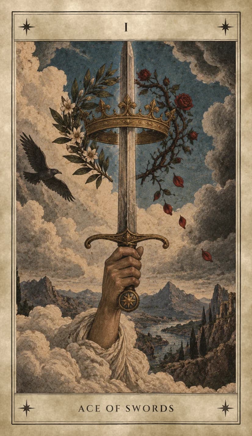 A hand wrapped in pale cloth rises from the clouds gripping an upright sword that passes through a golden crown, a white-flowered branch on one side and a thorny rose shedding red petals on the other, a raven in flight, and mountains, a river and a ruined tower on a cliff below.