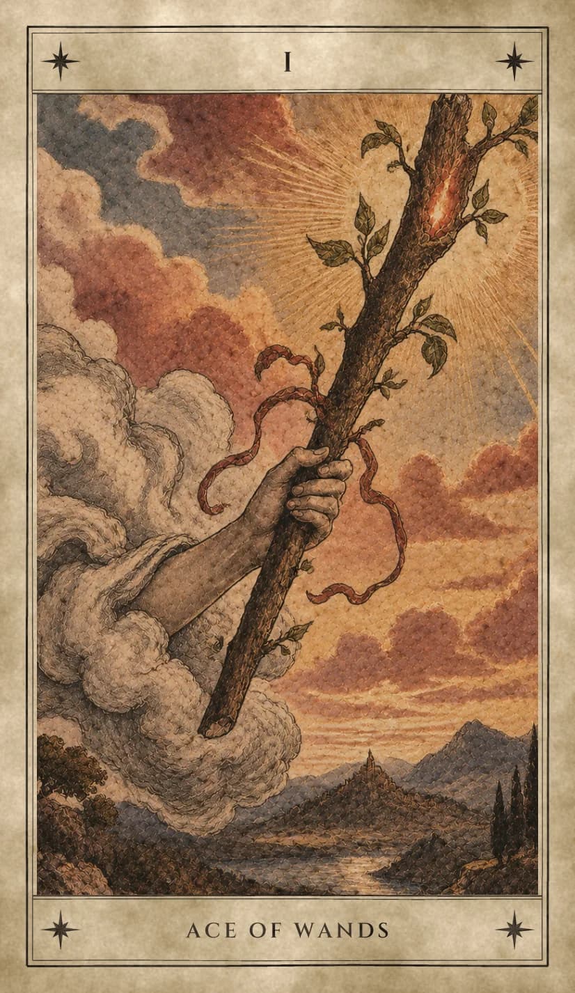 A hand reaching out of a bank of cloud grips a leafing wooden wand wound with a red ribbon, a small flame glowing in its bark, against rays of light and rose-colored clouds above a river valley, a hilltop town and dark cypress trees.