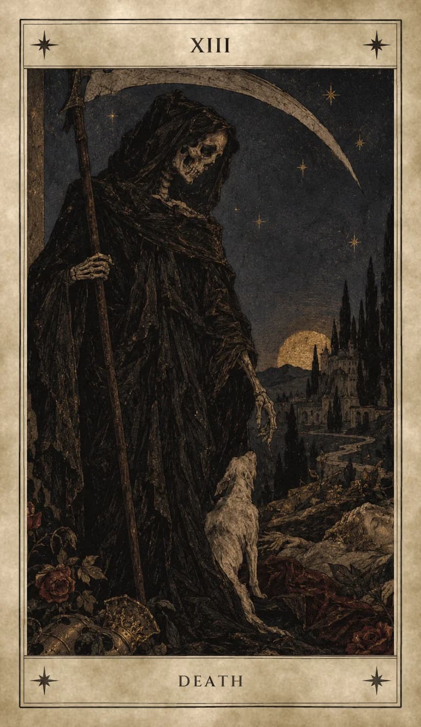 A skeleton in a ragged dark hooded cloak holds a tall scythe whose blade curves across the night sky, reaching one bony hand toward a pale dog that looks up at it, a figure lying still on a red cloth, a fallen crown and red roses at its feet, and a low gold sun beside a castle behind.