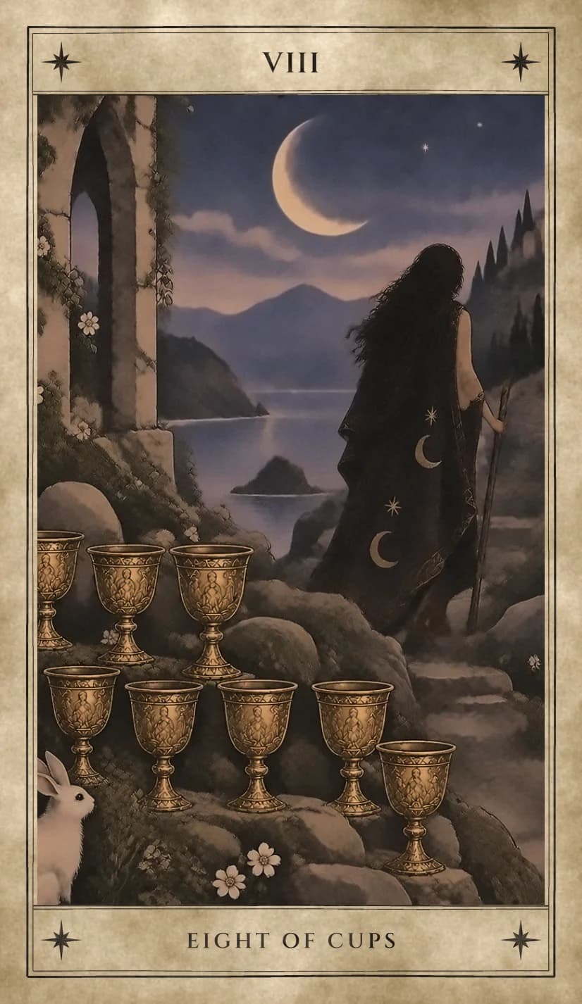 A woman with long dark hair and a tall staff walks away up a rocky path at night, her dark cloak marked with crescent moons and stars. Eight golden cups stand in two rows on the rocks behind her, beside a ruined stone arch, a white rabbit and a moonlit lake.