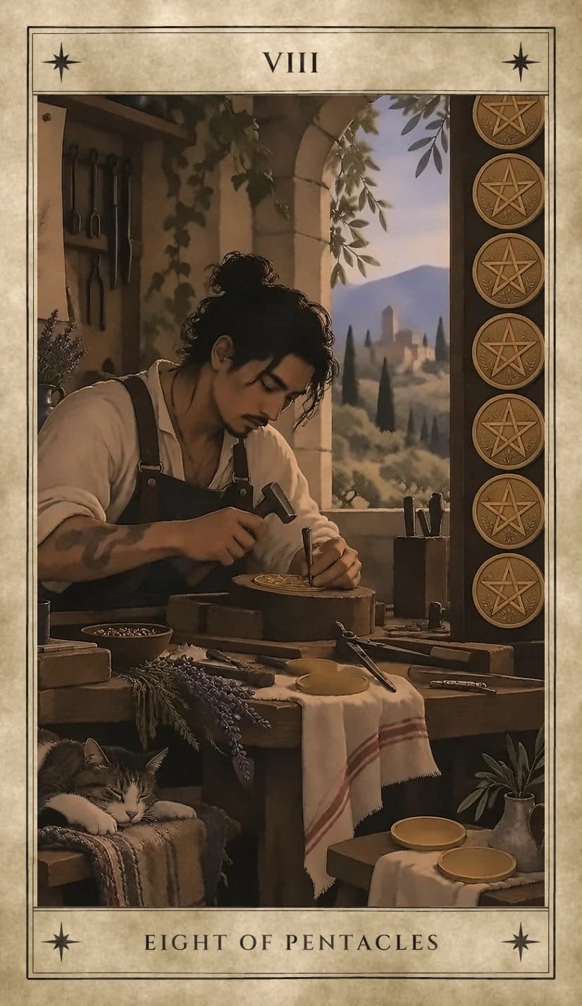 A young craftsman in a leather apron bent over his bench, tapping a pentacle into a disc with hammer and punch, seven finished pentacles hung on the pillar beside him, blank discs waiting on the tables, lavender, a sleeping cat, and a hill town seen through an arched window.