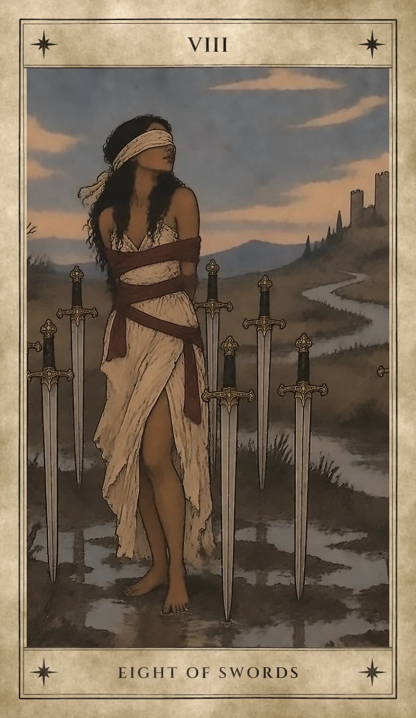 A barefoot woman in a pale dress stands blindfolded in marshy ground, her arms held behind her by a loose red sash, eight swords standing point-down around her, and a stream winding back toward a castle on a hill.