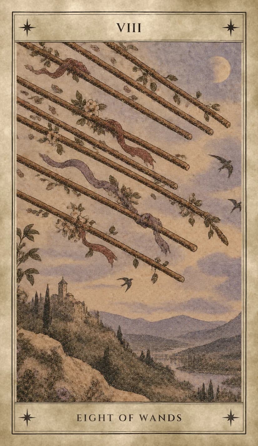Eight wooden wands flying together in a long diagonal across a dusk sky, wound with pale wild roses, leaves and wine-red and violet ribbons, with three swallows in flight, a pale moon above, and a hill town with a tower over a river valley far below.