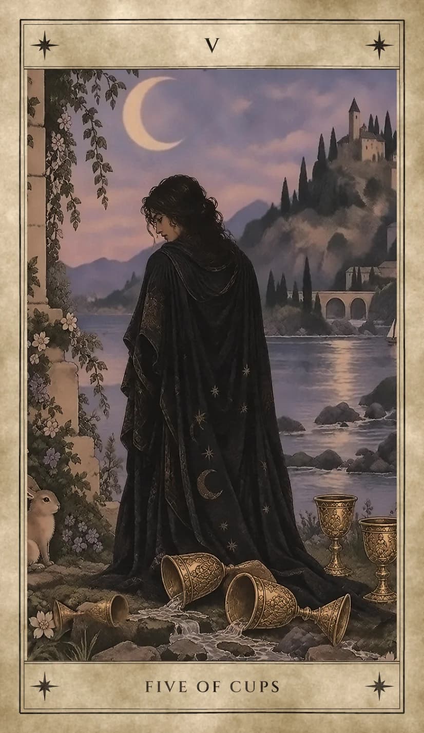 A figure in a black cloak scattered with stars and crescent moons stands with head bowed over three golden goblets spilled on the stones, water running out of them, while two goblets still stand behind, beside a lake, an arched bridge and a hill town under a crescent moon.
