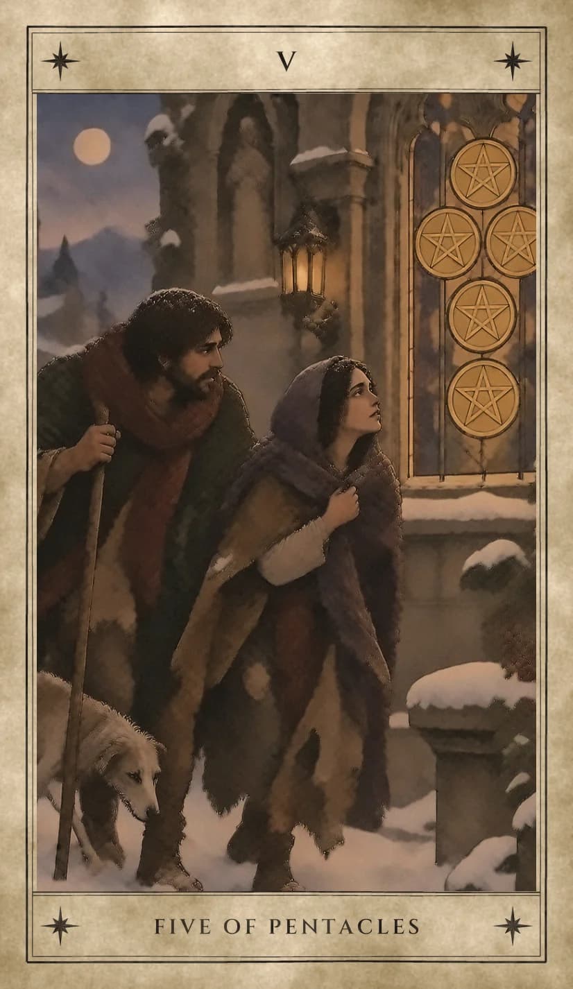 Two travelers in patched cloaks, a bearded man with a staff and a hooded woman looking up, walk through snow past a stone chapel whose stained-glass window glows with five pentacles, a thin dog at their side, a lantern lit on the wall and a full moon overhead.