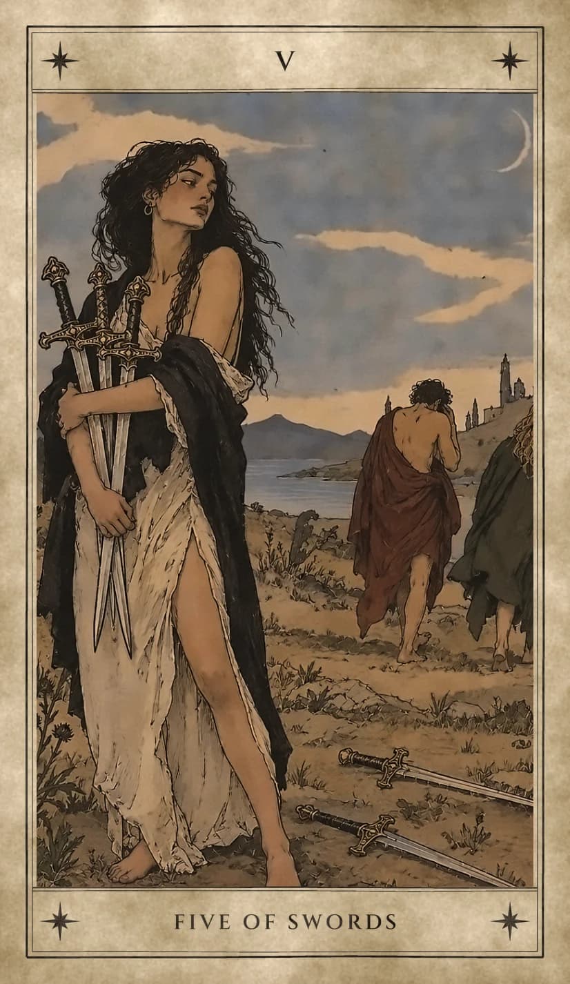 A barefoot woman in a torn white dress and a slipping black cloak holds three swords against her body and looks back over her shoulder, two swords lie in the dirt, and two figures walk away toward the water and a hill town, one with his head in his hand, under a crescent moon.