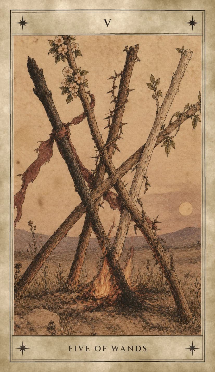 Five wooden wands lean into one another over a small fire on an open plain: one charred dark, one in white blossom, one wound with thorns, one pale and bare, one in leaf, with a torn red cloth knotted to one of them and a pale sun low over the hills.