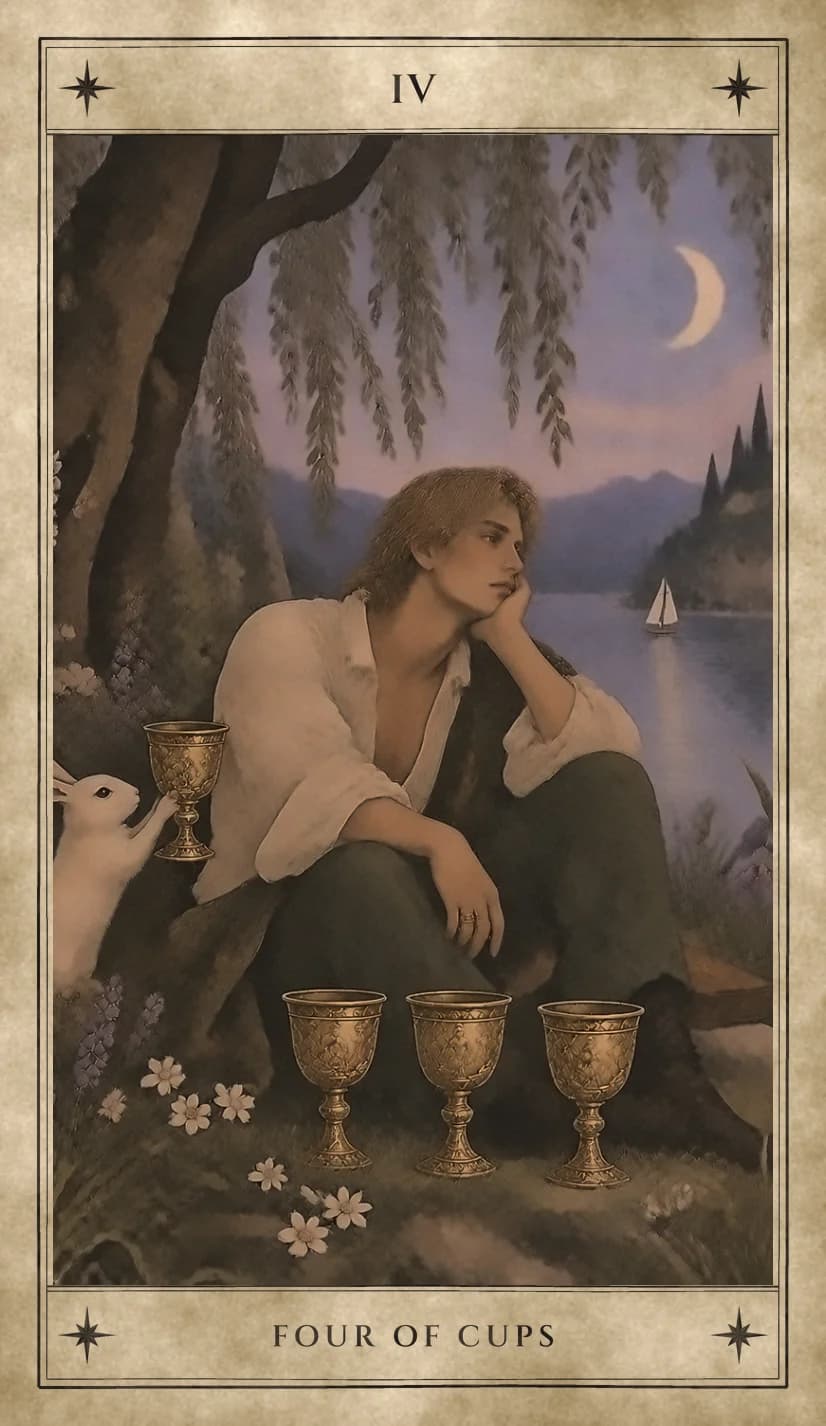 A young man sits under a willow with his chin in his hand, gazing past three golden goblets on the grass toward a lake with a sailboat, while a white rabbit beside him holds up a fourth goblet he hasn’t noticed.