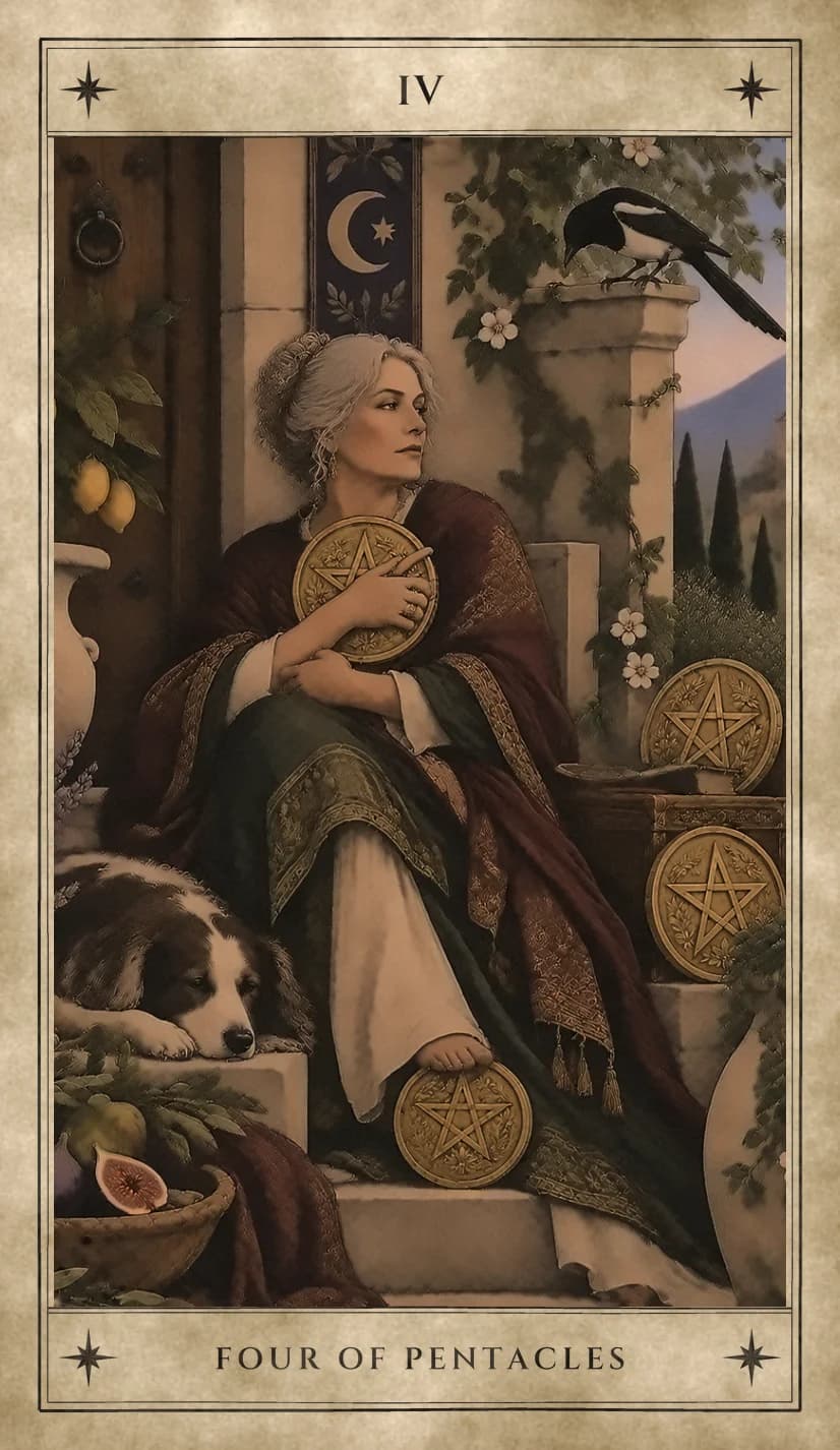 A silver-haired woman in a deep red embroidered shawl sits on stone steps before a closed door, hugging one pentacle to her chest and resting a bare foot on another, with two more stacked beside her, a dog lying at her side and a magpie watching from a pillar.