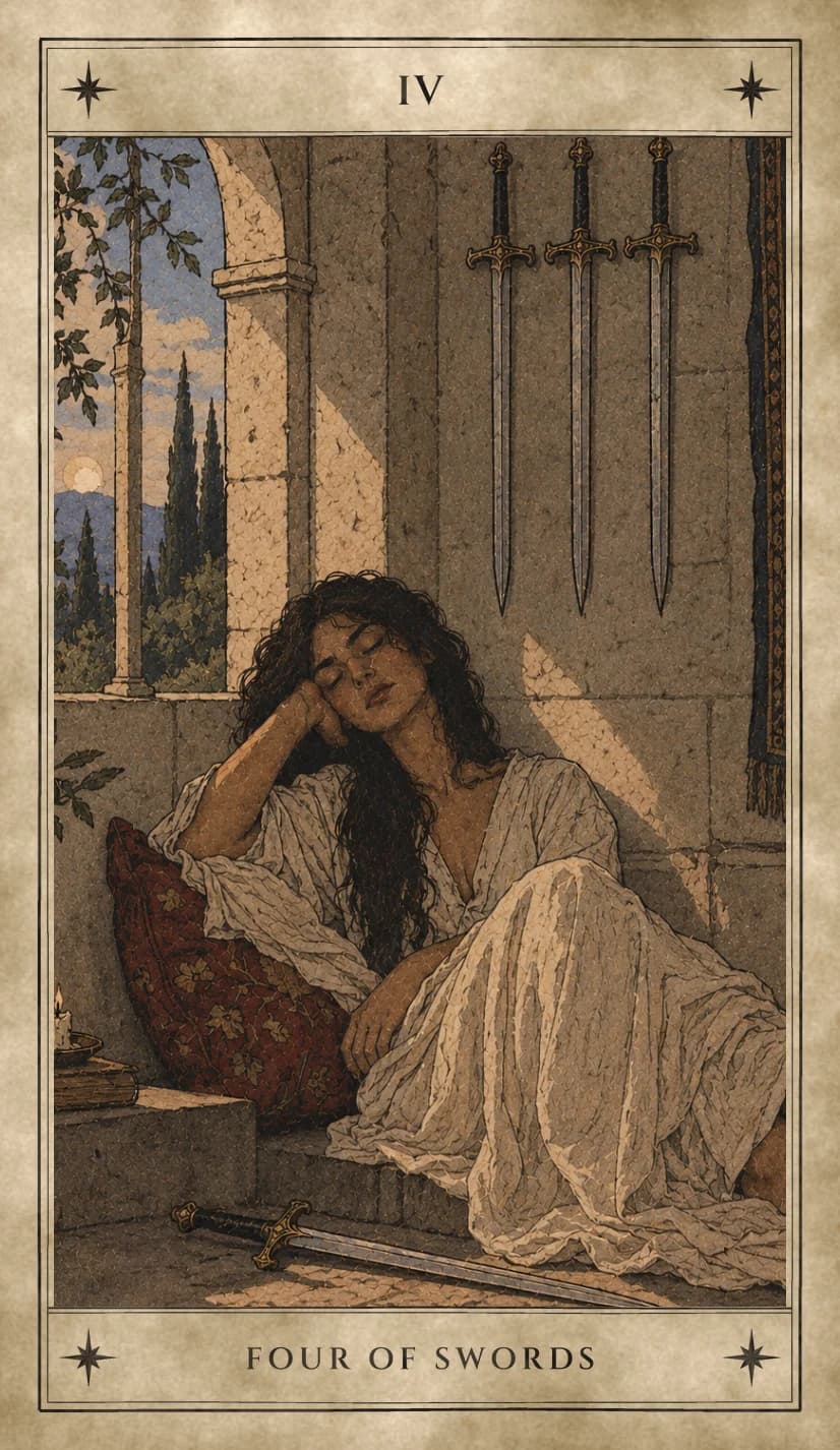 A woman with long dark curls dozes against a red patterned cushion in a sunlit stone room, head resting on her hand, three swords hanging on the wall above her and a fourth lying on the floor at her feet, a candle on a book beside her and an arched window open to cypress trees and a low sun.