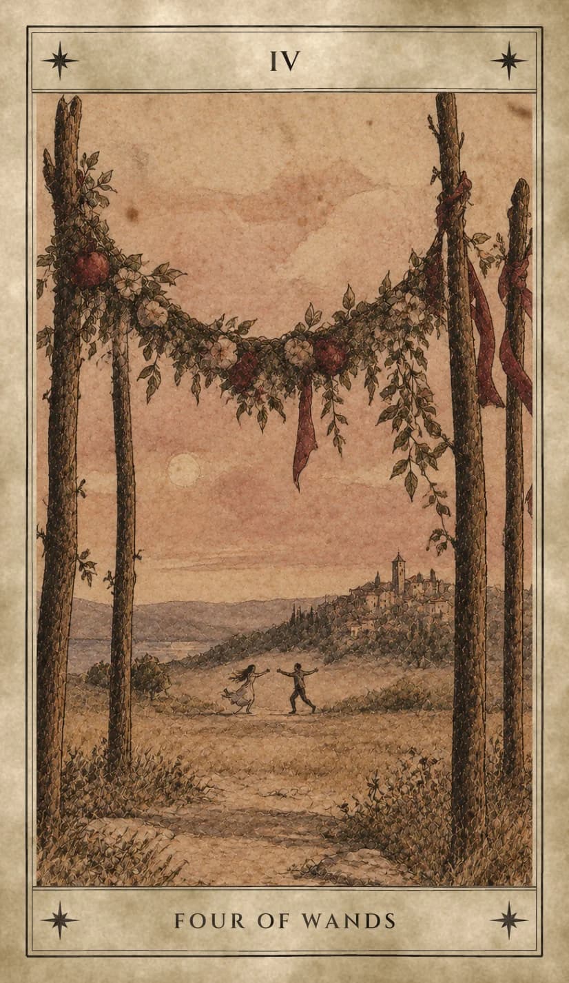 Four tall wands frame an open field at evening, a garland of leaves, pale flowers and red fruit strung between them and red ribbons tied to the posts, while two small figures run toward each other with open arms below a hill town with a bell tower and a pale moon.