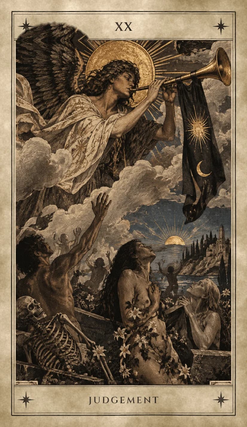A dark-winged angel with a gold halo leans from the clouds blowing a long brass trumpet hung with a dark banner bearing a gold sun and a crescent moon, while below men and women rise from open stone tombs with arms raised and hands clasped, one woman wreathed in white lilies, a skeleton leaning from a tomb, and a low sun over the sea and a cliff town behind.