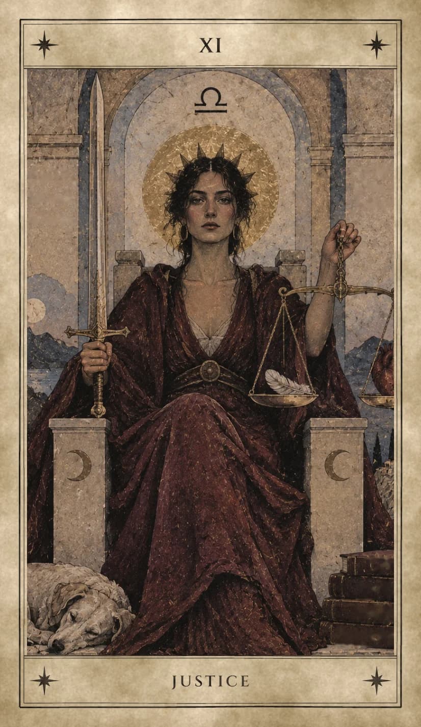 A woman in a deep red robe sits on a stone throne carved with crescent moons, a gold halo and spiked crown behind her head, holding an upright sword in one hand and raised scales in the other with a feather on one pan and a heart on the other, a dog asleep at her feet and a stack of books beside her.
