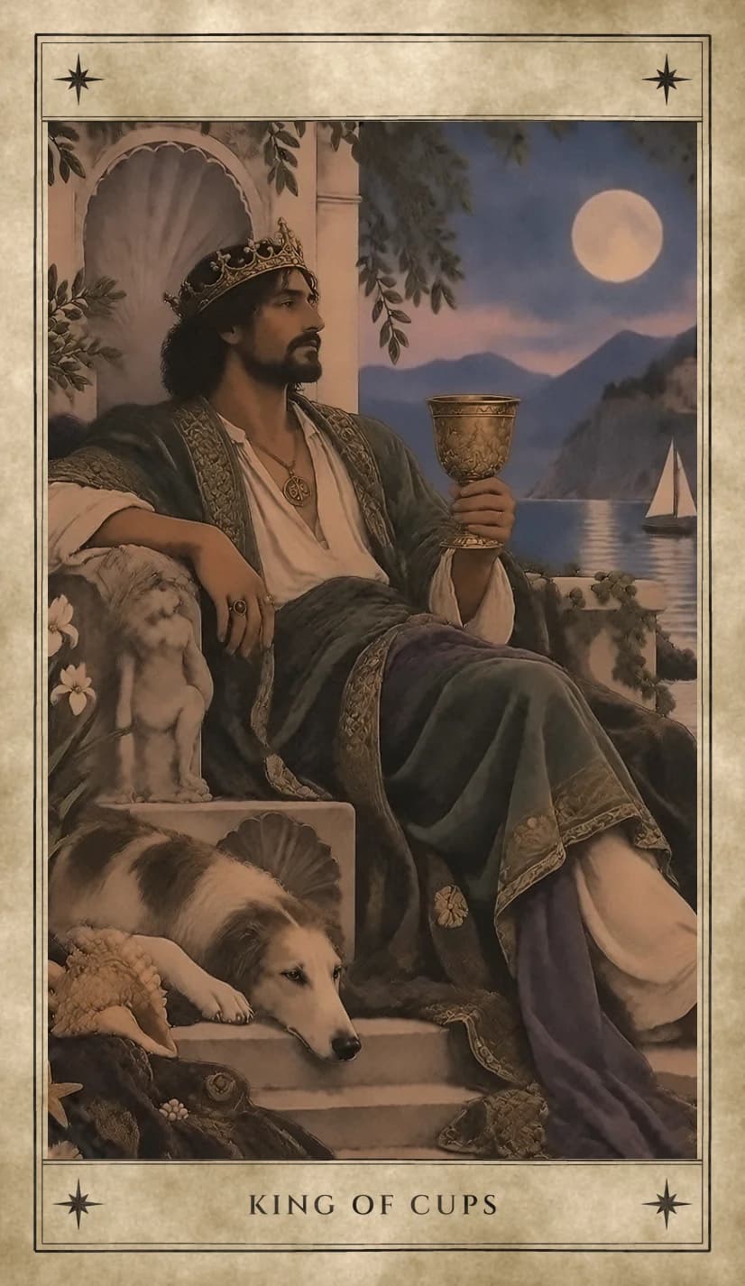 A crowned, bearded king leans back on a stone throne by a calm moonlit bay, holding a golden cup and gazing into the distance. He wears a green embroidered robe over purple, a small carved figure of a child stands on the throne’s arm, and a brown and white dog rests on the steps beside a conch shell.