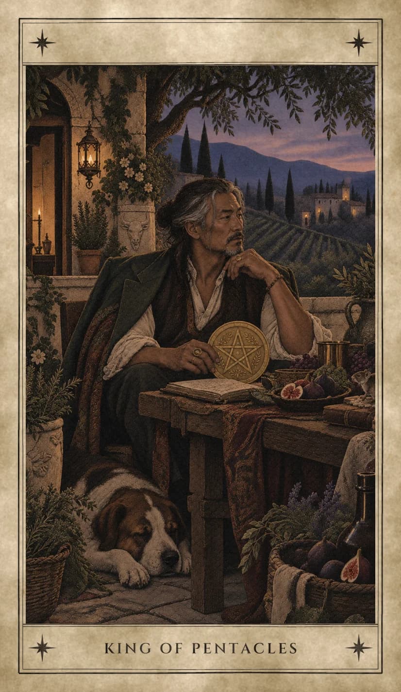 A silver-haired man with a green coat over his shoulders seated at a wooden table on a terrace at dusk, chin on his hand, his other hand resting on an upright gold pentacle beside an open ledger, figs and grapes on the table, a mouse at the crumbs, a big dog asleep at his feet, and vineyards and a hill town beyond.