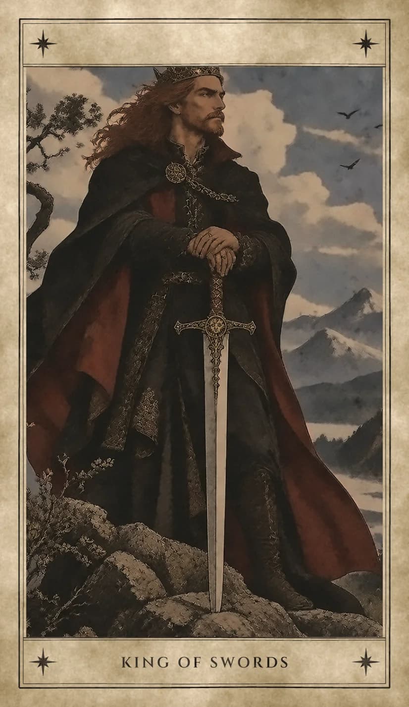 A crowned king with long auburn hair and a beard stands on a rocky height in a dark robe and red-lined cloak, both hands resting on the pommel of a sword planted point-down before him, with snowy peaks, clouds and three birds behind.