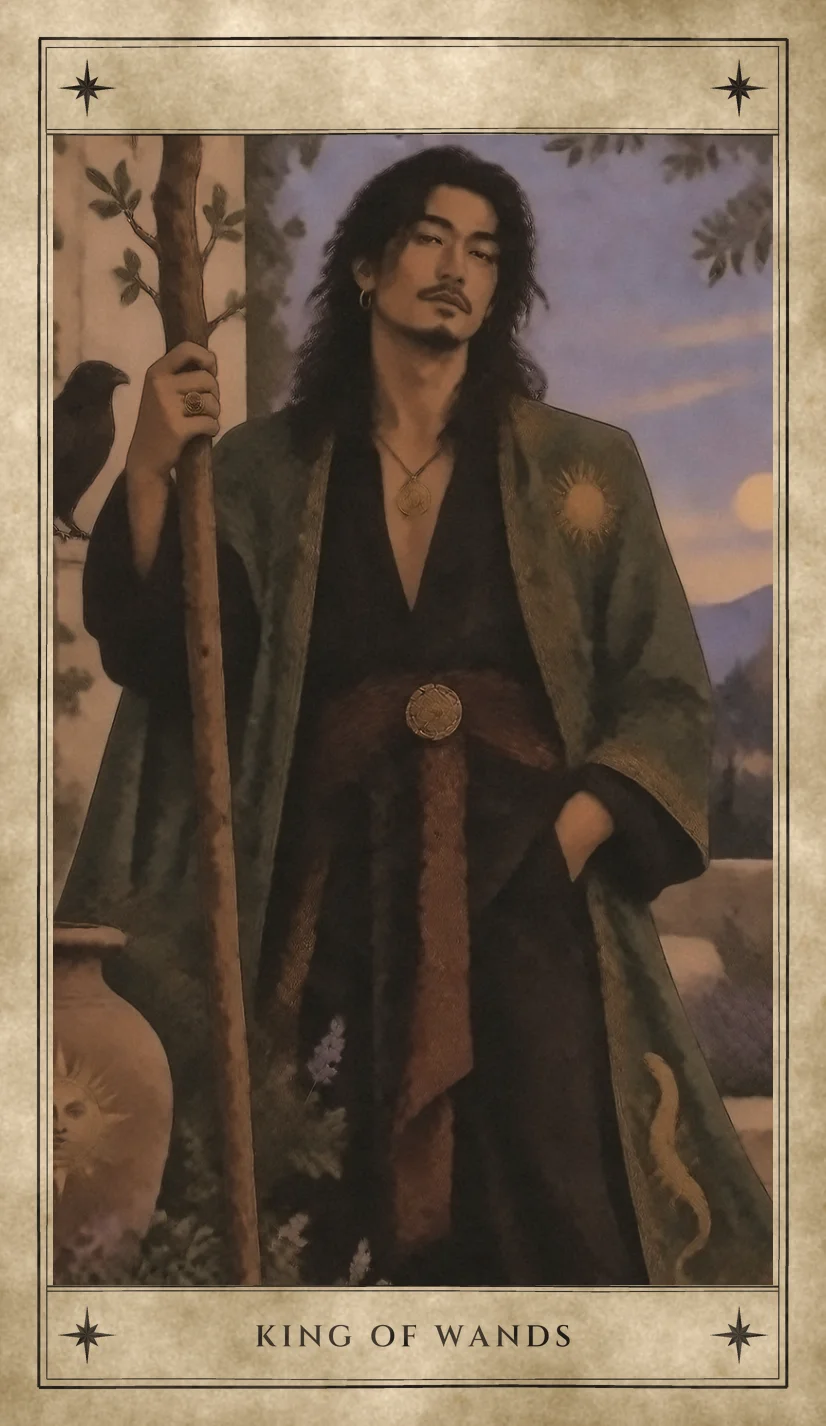 A long-haired man with a goatee stands at ease in a dark robe and a long green coat embroidered with a sun and a salamander, one hand on a tall staff sprouting leaves and the other tucked into his robe, with a raven perched on a ledge beside him, a sun-faced urn at his feet, and a pale disc low over the evening hills.