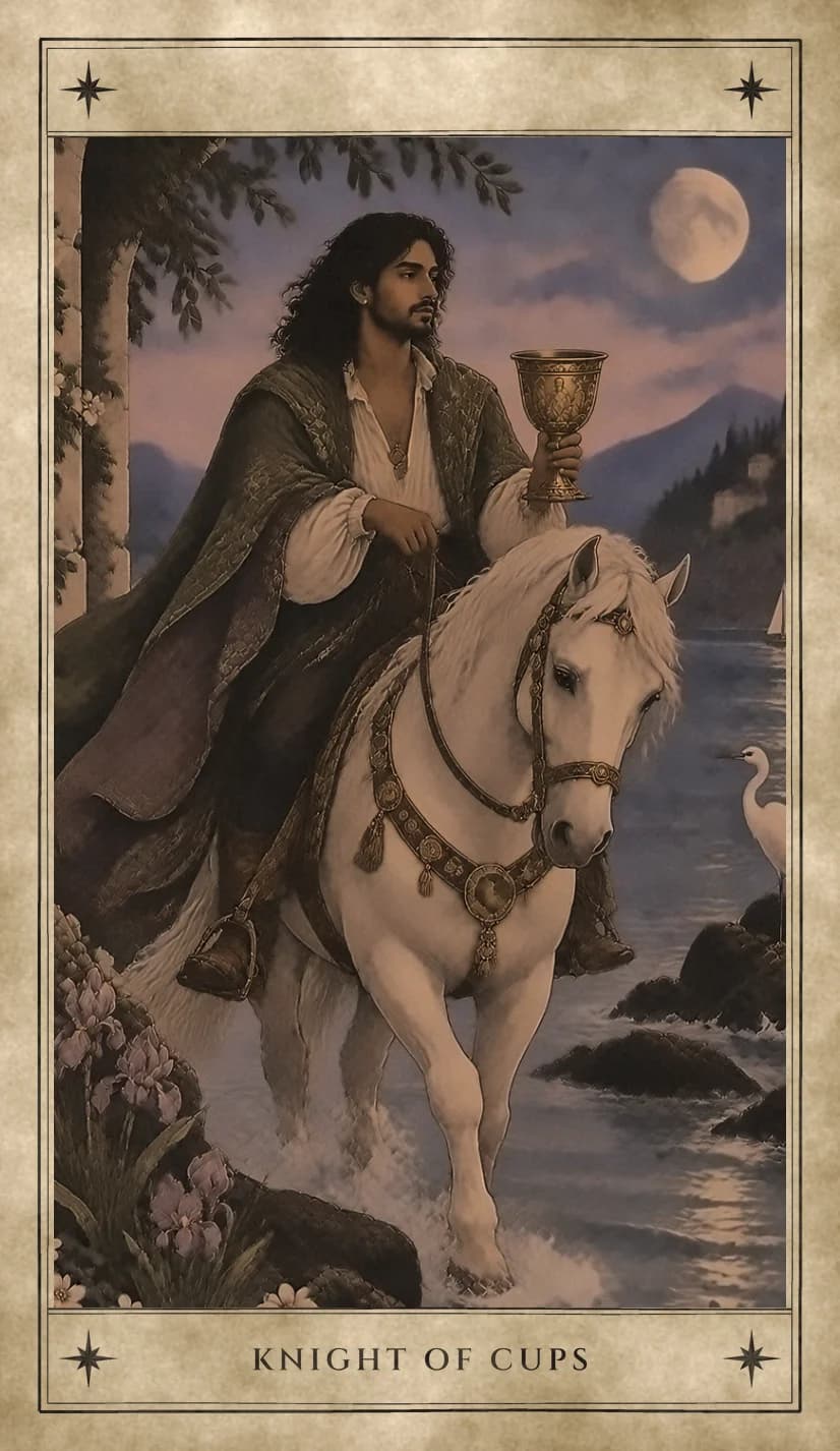 A long-haired, bearded rider on a white horse wades through shallow moonlit water, holding a golden cup out before him. He wears a green patterned cloak, the horse’s bridle and breastplate are hung with gold ornaments, and a white heron stands on the rocks near a bank of irises.