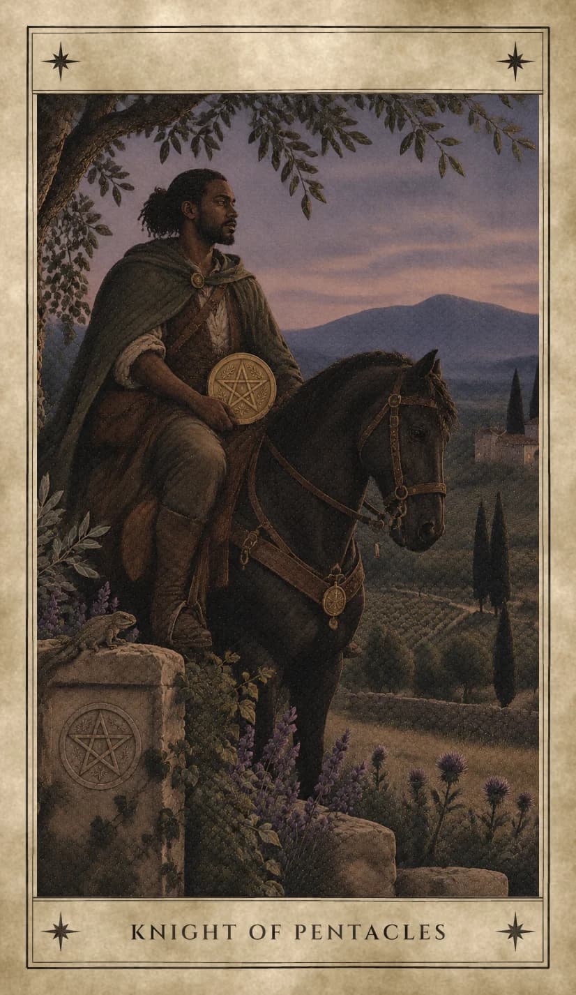 A bearded man in a green cloak seated on a still, dark horse at the edge of tended fields, one hand resting a gold pentacle on his thigh, looking out over rows of crops and cypresses at dusk, beside a carved boundary stone with a small lizard on top.
