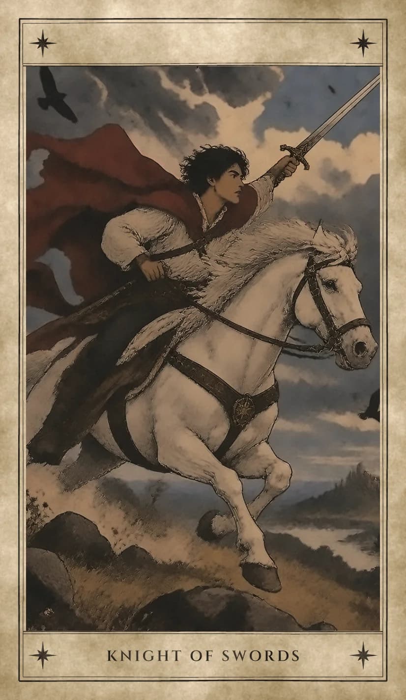A young rider with dark curls gallops a white horse across rocky ground, sword raised ahead of him and a dark red cloak streaming behind, under a stormy sky with a dark bird overhead and a distant hill town by the water.