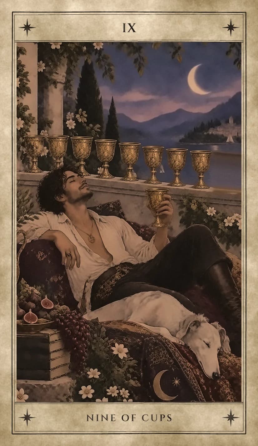 A dark-haired man reclines on patterned cushions on a moonlit terrace, eyes closed and smiling, raising a golden cup. Eight more cups line the balustrade behind him, a white hound sleeps across his legs, and figs, grapes and a stack of books sit beside him.