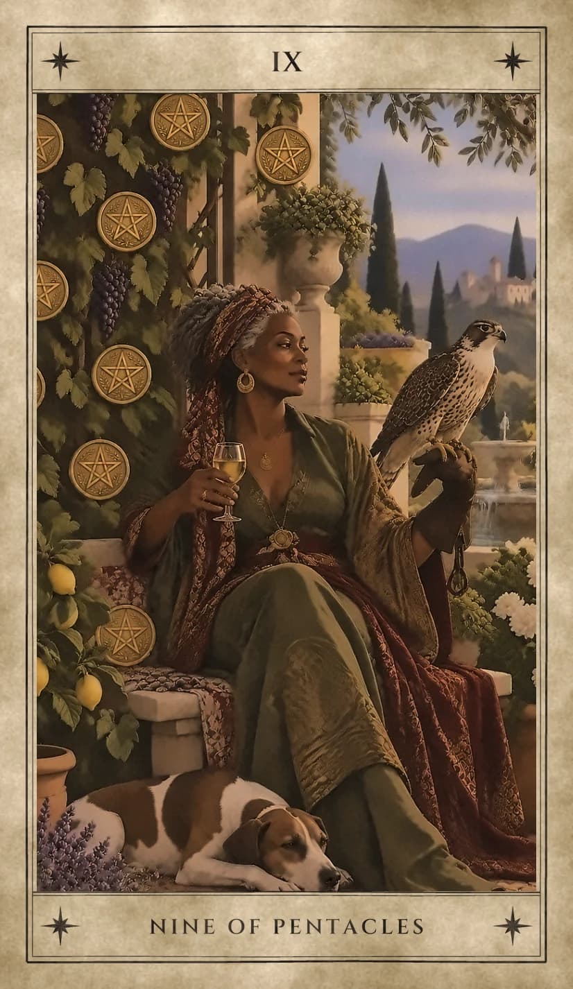 An older woman in a green robe, red shawl and patterned headscarf seated in a walled garden with a glass of white wine, a falcon on her gloved hand, a hound asleep at her feet, nine pentacles among the grapevines behind her, lemons, lavender and a fountain.