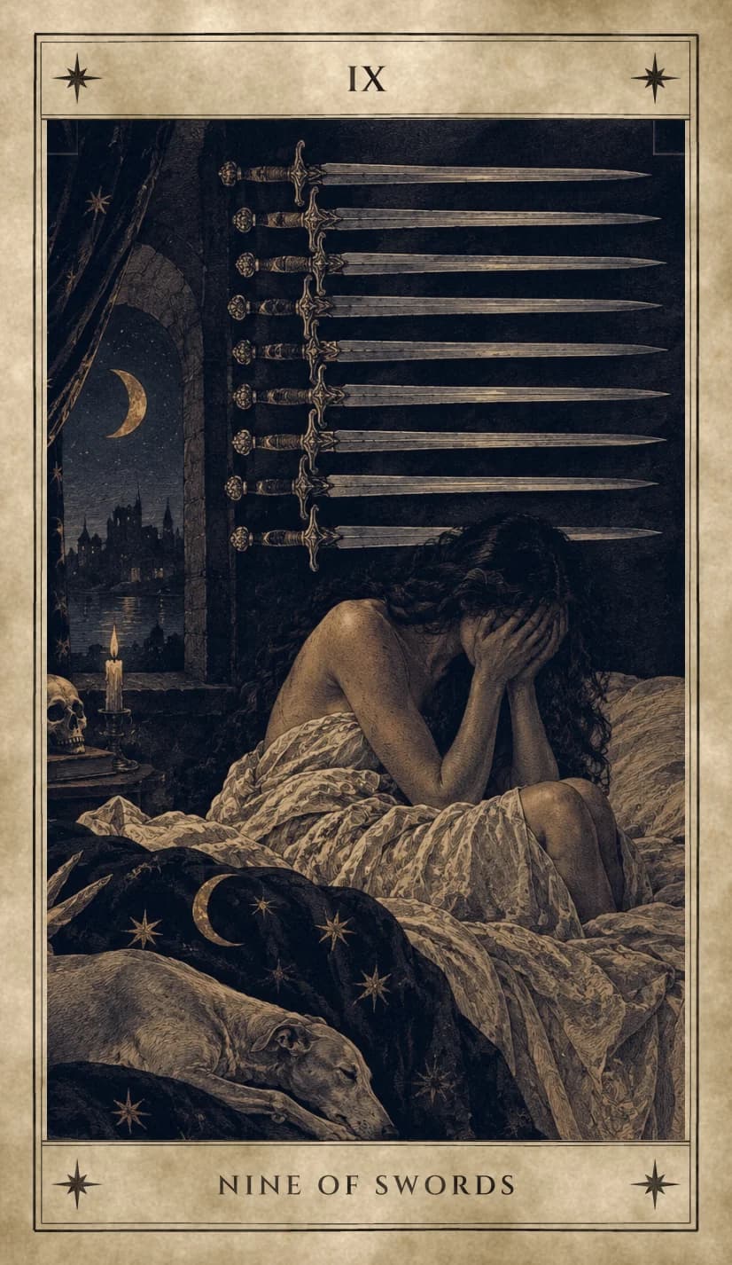 A woman sits up in bed with her face buried in her hands, nine swords hanging level on the dark wall behind her, a lit candle and a skull on books beside her, a crescent moon in the arched window, and a dog asleep at the foot of the bed.