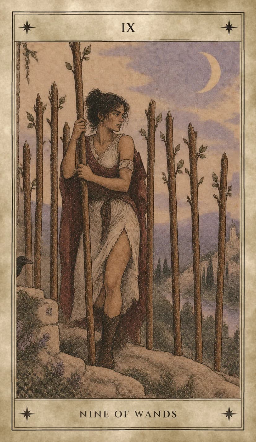 A dark-haired woman in a white dress, wine-red cloak and boots grips a tall wand with both hands and looks back over her shoulder, standing on a rocky ledge among eight more upright, sharpened wands, with a raven on a stone wall behind her, a crescent moon, and a hill town above a river in the distance.