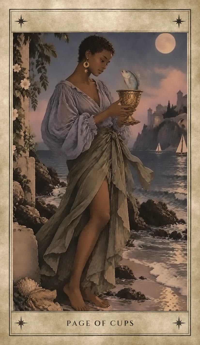 A young woman with close-cropped hair stands barefoot on a moonlit shore, holding a golden cup from which a silver fish rises, and looks down at it gently. She wears a loose lavender blouse and a knotted olive skirt, with shells at her feet and two sailboats and a castle on the cliffs behind her.