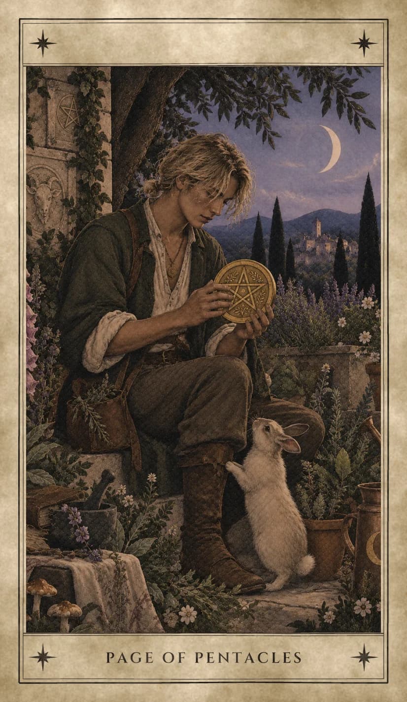 A fair-haired young man in a green jacket seated on garden steps at dusk, studying a single gold pentacle in both hands, a white rabbit standing up against his boot, a satchel of herbs, a mortar and pestle and a book beside him, and a carved goat’s head and pentacle in the wall.