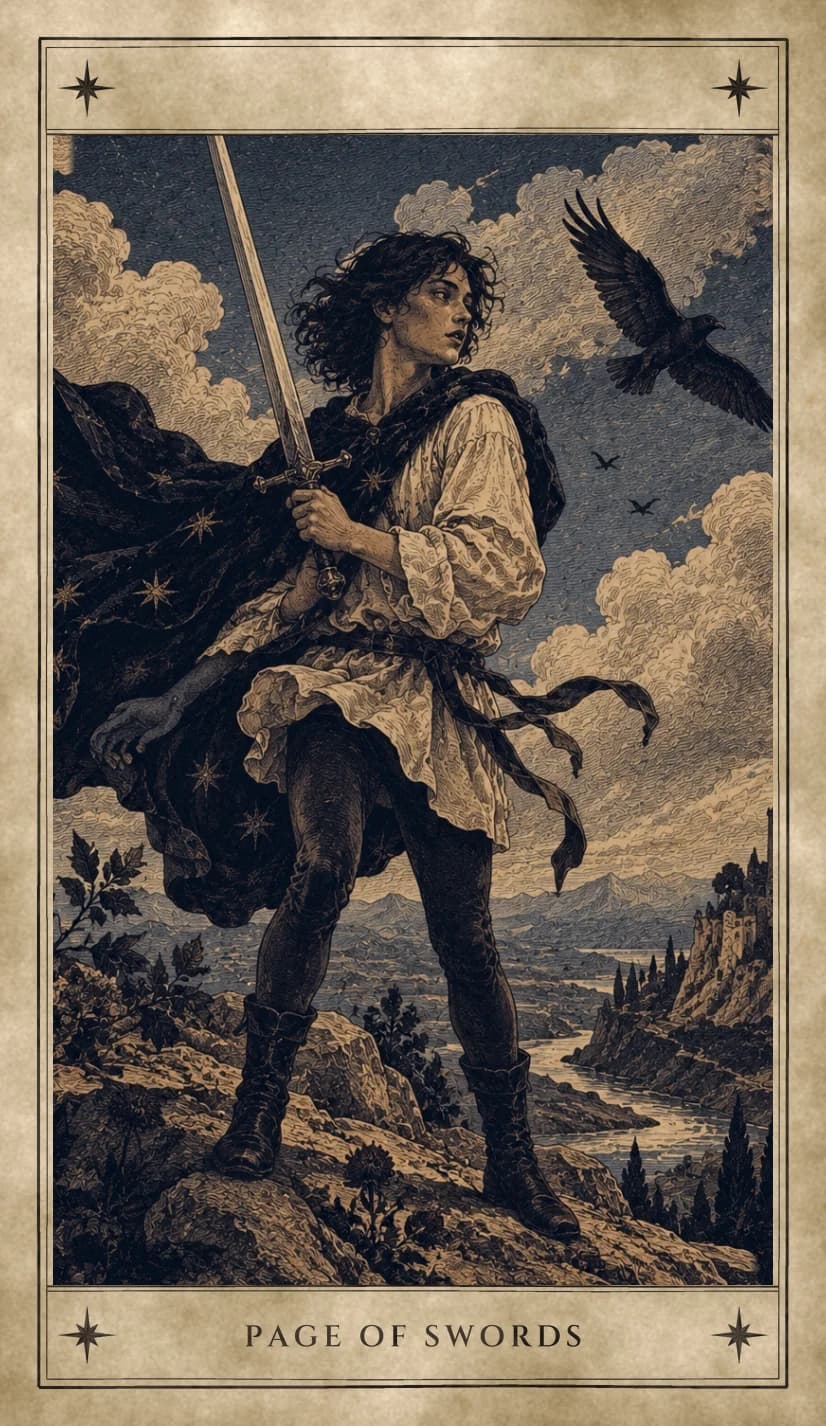 A young page with dark curls stands on a windy rocky height holding a sword upright, a dark starry cloak and loose sash blowing behind, head turned toward a raven in flight, with a river, a castle on a cliff and far mountains below.