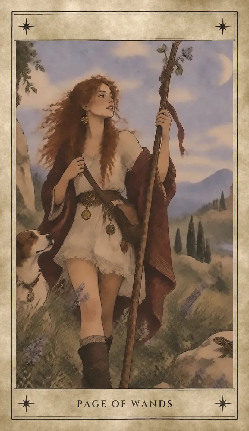 A young woman with long red curls, a white tunic, a wine-red cloak and a satchel strides through long grass and lavender holding a tall leafy staff tied with a ribbon, gazing up and away, with a brown-and-white dog at her side, a lizard on a rock, a crescent moon, and cypresses on the hills behind.