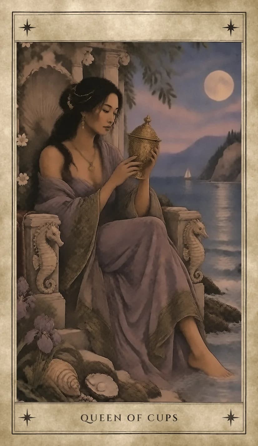 A dark-haired woman in lavender robes sits on a stone throne carved with seahorses at the edge of the sea, gazing into an ornate lidded golden cup held in both hands, one bare foot in the water. Irises, shells and an open oyster with a pearl lie at her feet under a full moon.