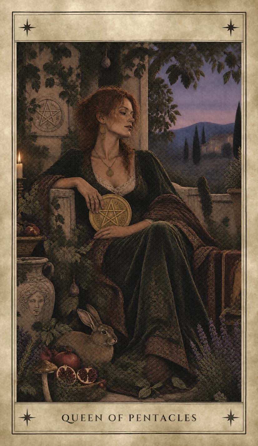 A red-haired woman in a green velvet gown and a deep red shawl reclining on a stone seat at dusk, eyes half closed, one hand resting on a gold pentacle in her lap, a brown rabbit and split pomegranates at her feet, a lit candle, a carved stone jar, a fig tree and a pentacle carved in the wall.