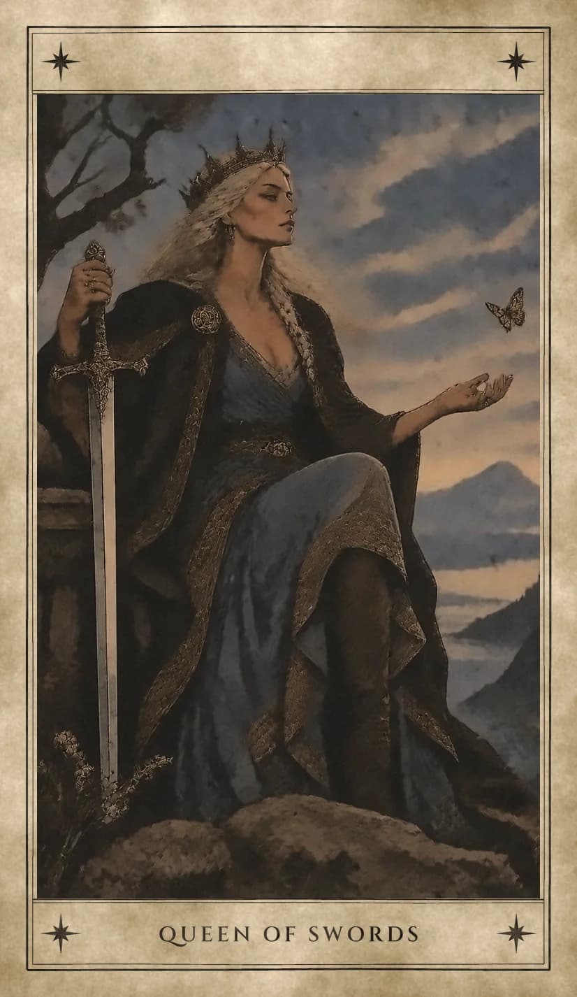 A crowned queen with long pale braided hair sits on a rocky height in a blue gown and dark gold-trimmed cloak, one hand on an upright sword, the other open with a butterfly hovering above it, a bare tree beside her and misty mountains behind.