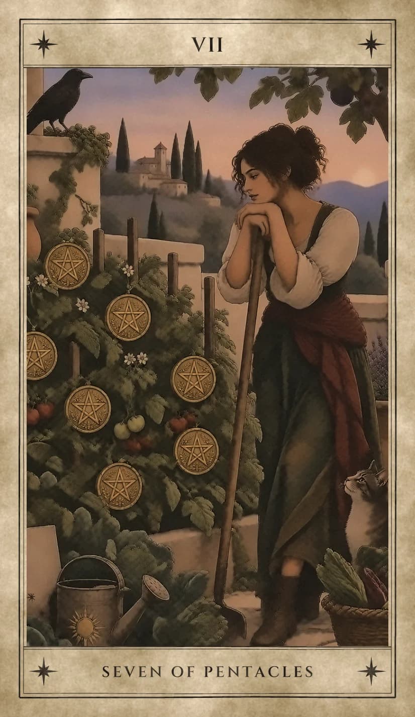 A young woman leans on a hoe with her chin on her hands, gazing at a staked plant hung with seven pentacles among ripening tomatoes, with a raven on the wall, a watering can, a tabby cat at her feet and a hill town at sunset beyond.