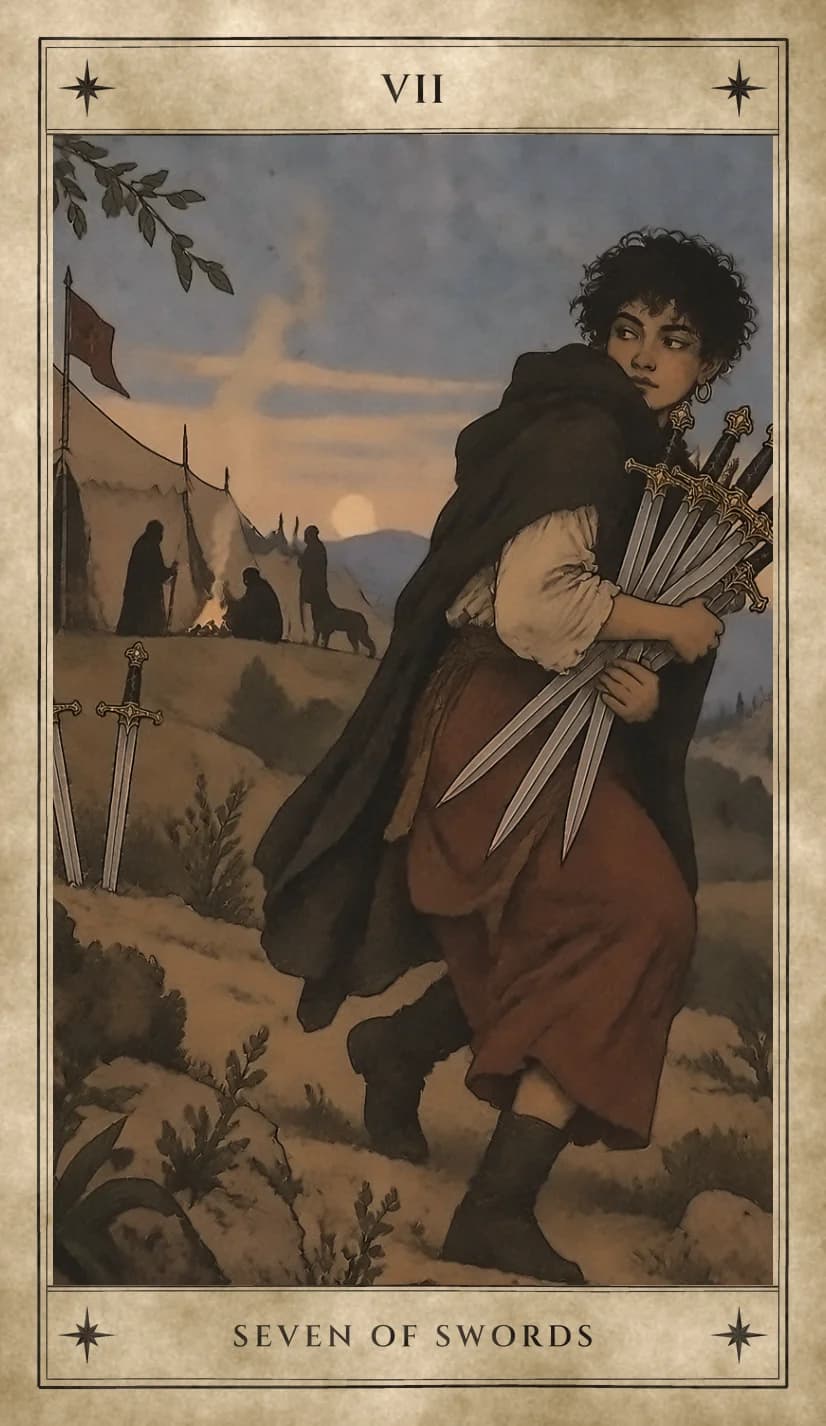 A figure with short curly hair and a dark cloak hurries away from a camp at dusk, arms full of five swords, glancing sideways, while two more swords stand in the ground behind and people and a dog gather by a fire among the tents.