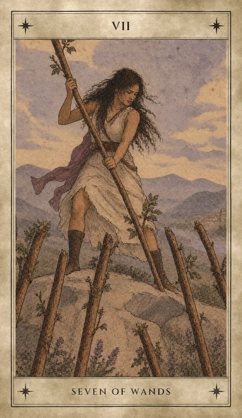 A woman with long dark curls, in a torn pale dress, boots and a purple sash streaming behind her, braces on a rocky hilltop gripping a leafing wand in both hands, while six wands rise at angles from the slope below her among purple wildflowers, with blue mountains under a cloud-streaked sky.