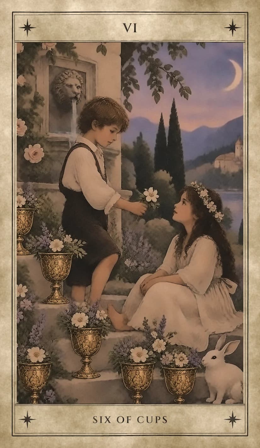 On old stone steps a young boy offers a small bunch of white flowers to a girl in a flower crown who looks up at him, surrounded by six golden goblets filled with blossoms, with a lion-head fountain, climbing roses, a white rabbit, and cypresses by a lake under a crescent moon.