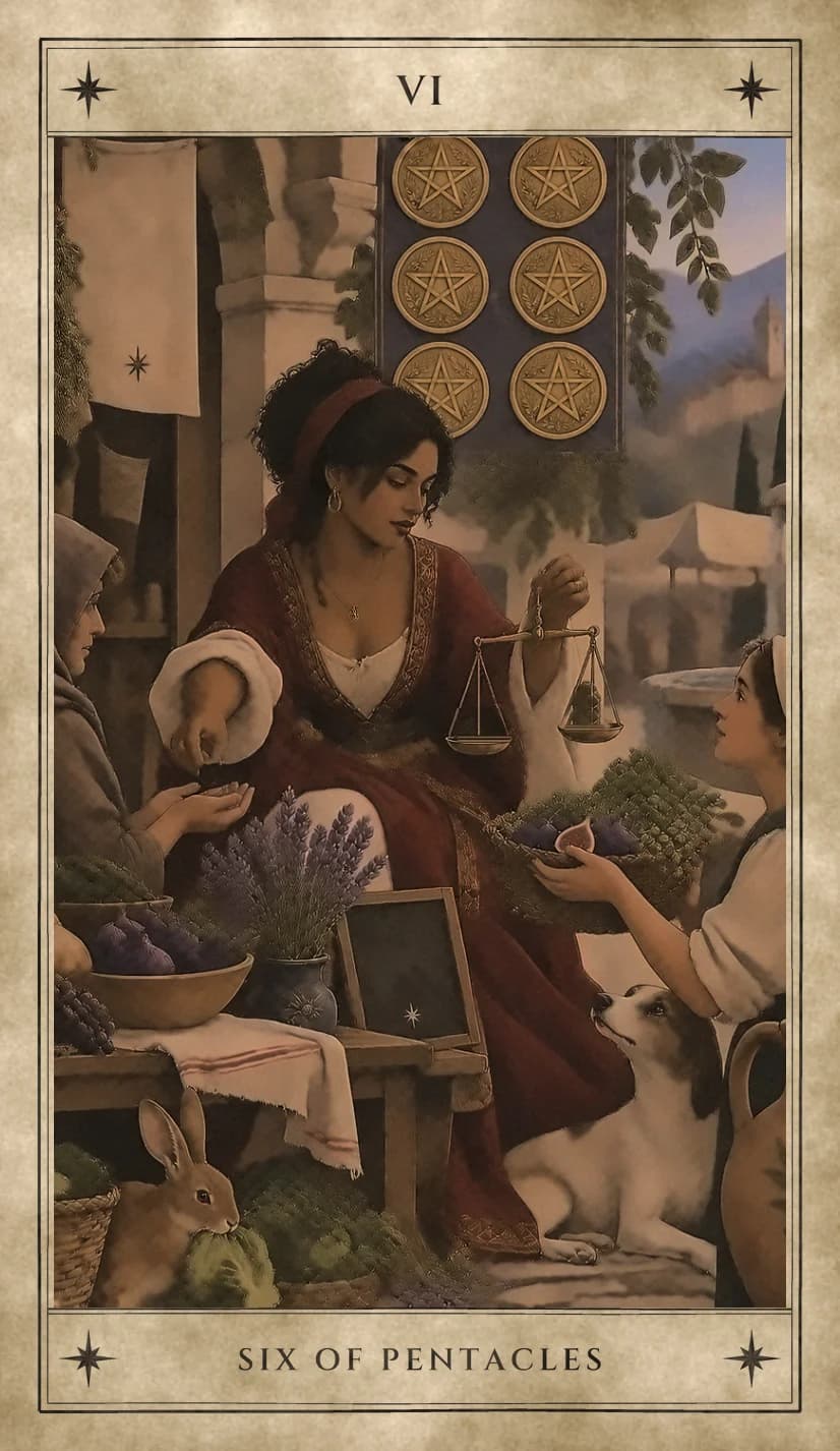 A woman in a red embroidered dress sits at a market stall holding up a balance scale with empty pans, placing something into a hooded figure’s cupped hands while a young woman holds out a basket of figs, with a dog and a rabbit nearby and six pentacles on a dark banner above.