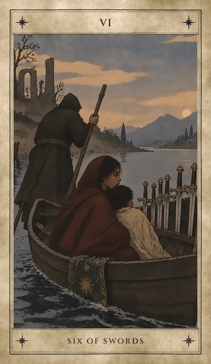 A hooded ferryman poles a small wooden boat across the water at dusk while a woman in a red hooded cloak holds a child wrapped in pale cloth, six swords standing upright in the boat beside them, ruins on the shore behind and mountains, cypresses and a low sun in the distance.