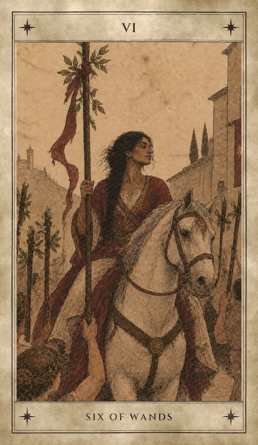 A dark-haired woman in a red robe rides a pale horse through a crowd, holding upright a tall wand tied with leafy sprigs and a red ribbon, while people at the edges raise five more leafing wands, with a tower on the hill and cypress trees over the rooftops behind.