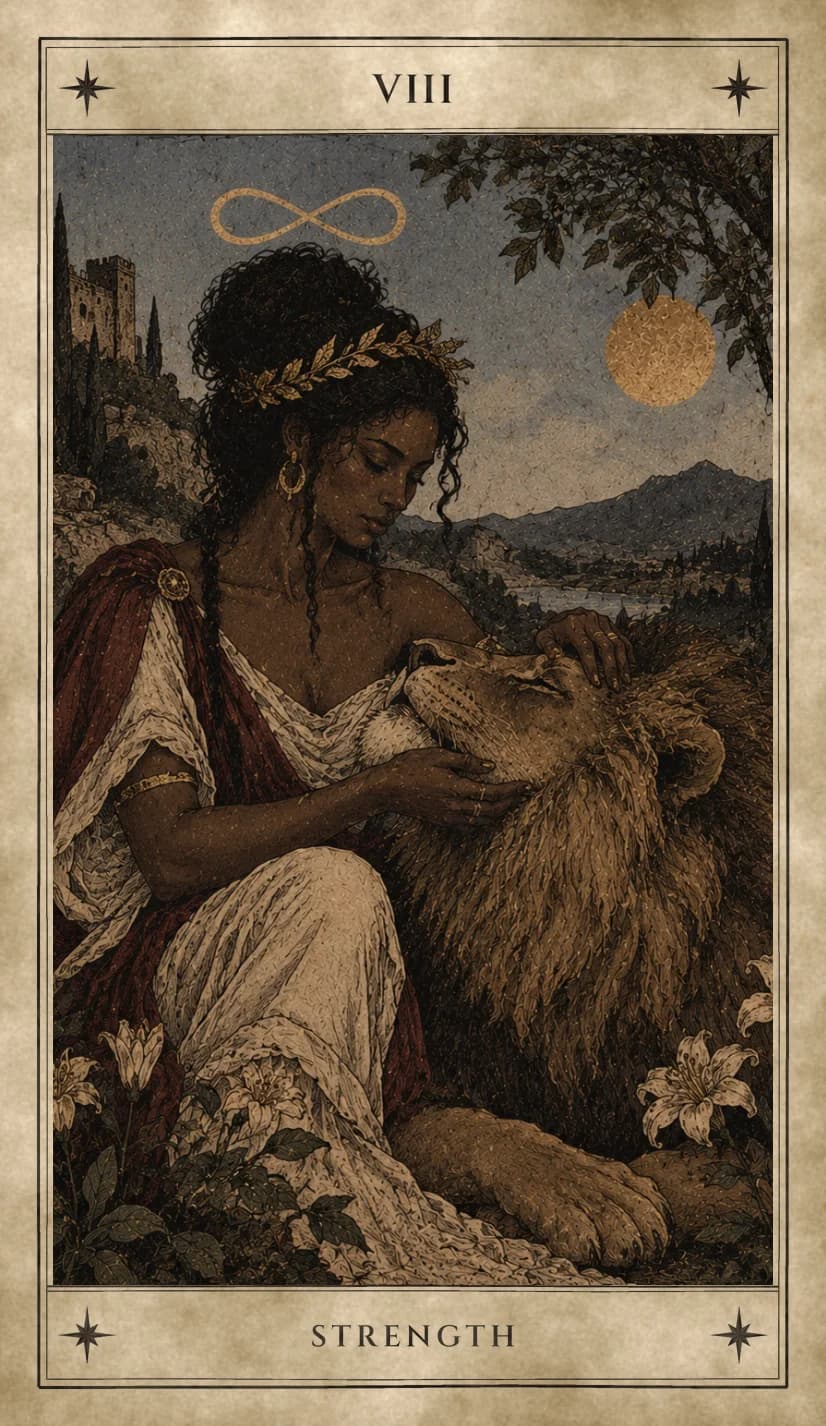 A woman in a cream robe and deep red mantle, with a gold laurel in her hair and a golden infinity sign above her head, sits with her eyes closed cradling the head of a resting lion, white lilies around them and a hill fort, river valley and round gold light behind.