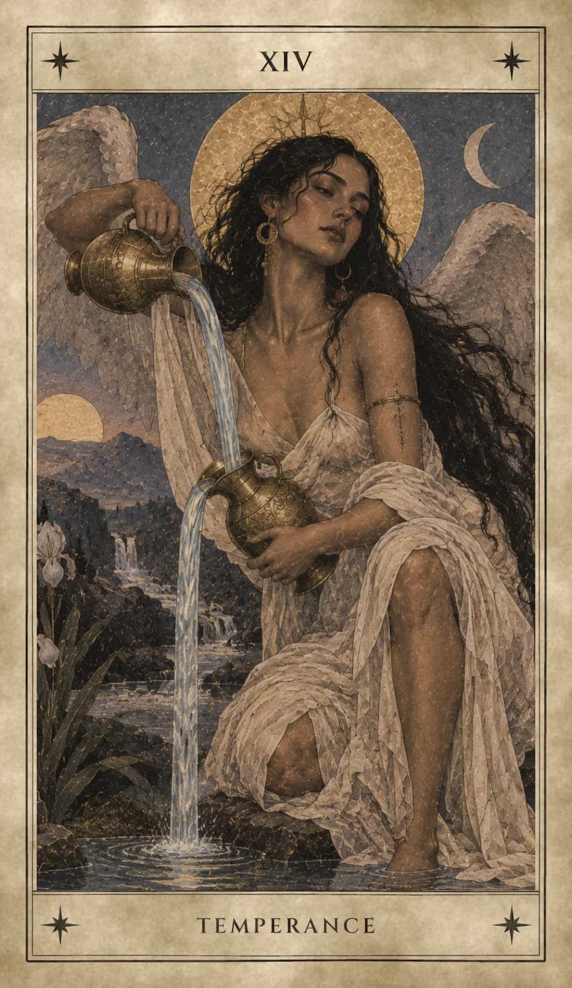 A winged woman with long dark curls and a gold halo kneels by a pool at dusk, pouring a stream of water from one brass jug into another, one foot in the water, pale irises beside her, a stepped waterfall and mountains behind, and a low sun and a crescent moon sharing the sky.