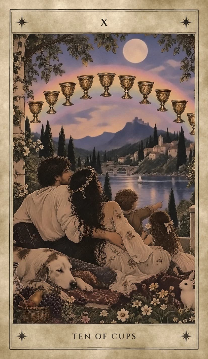 Seen from behind, a couple sits embraced on a blanket beside two children, one pointing across a lake toward a hill town and an arched stone bridge. Ten golden cups follow a rainbow under a full moon, with a resting dog, a basket of fruit and a white rabbit among the flowers.