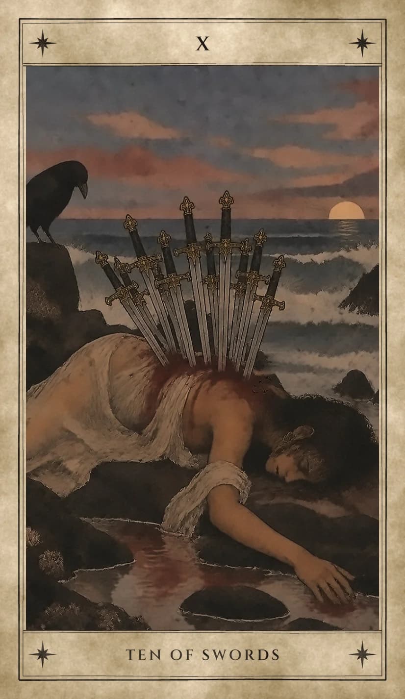 A woman lies face down on dark rocks at the edge of the sea with ten swords in her back, one arm trailing into a tide pool, a raven watching from a rock above her, and the sun resting on the horizon under pink clouds.