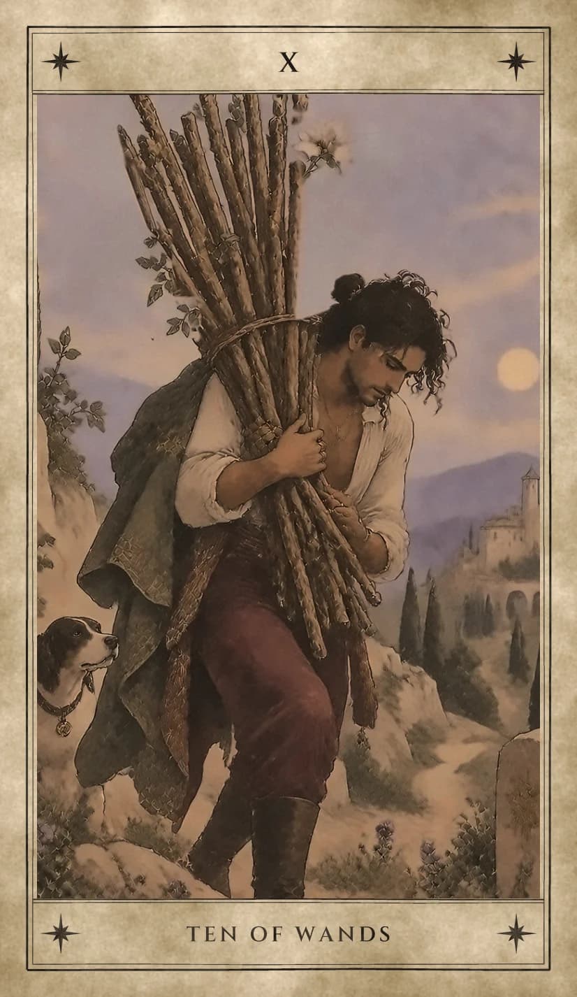 A curly-haired man in an open white shirt, wine-red trousers and a green cloak climbs a rocky path with his head bowed, hugging a tall bundle of wands tied with cord and topped by a pale blossom, while a brown-and-white dog looks up at him and a hill town with a tower and arches stands behind in the evening light.