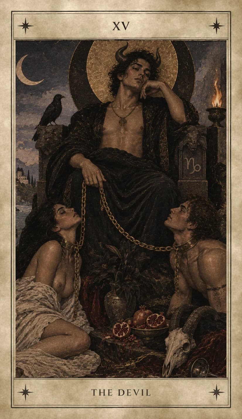 A horned young man in a dark velvet robe lounges on a stone throne before a gold halo, loosely holding a gold chain that runs to collars on a half-draped woman and a kneeling man at his feet, with split pomegranates, a goat skull, a fallen wine glass, a raven on a pillar and a burning torch under a crescent moon.